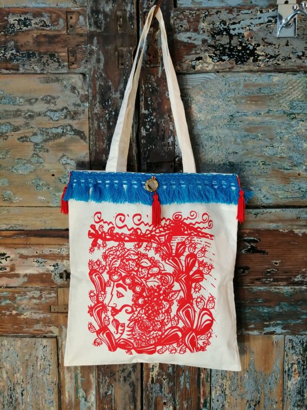 D151 - Shopper bag bordura turchese giummi e specchietto siciliano stampa serigrafica 