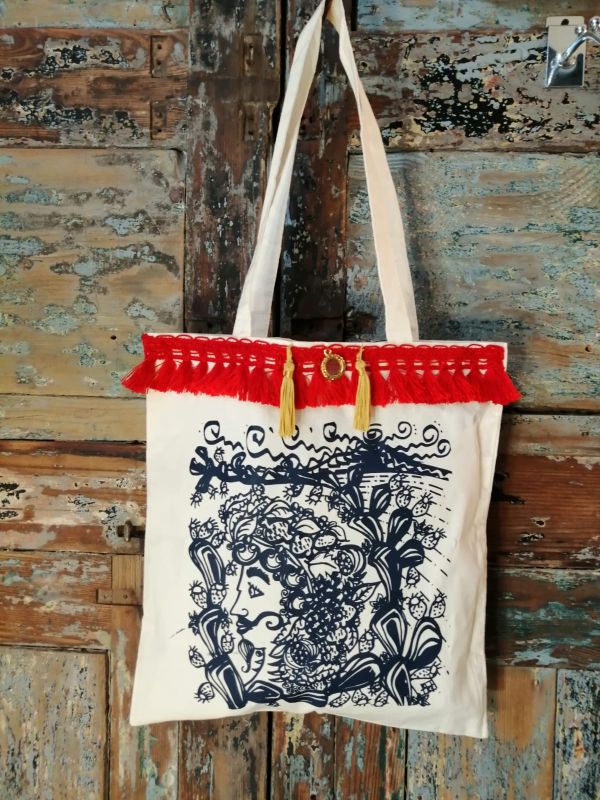 D150 - Shopper bag bordura rossa giummi e specchietto siciliano stampa serigrafica 